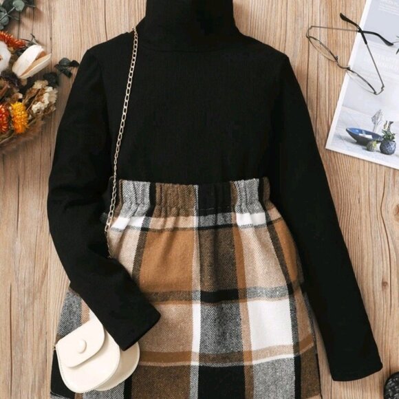 Girls High Neck Tee & Plaid Skirt without Bag - Picture 1 of 5